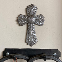 Small Cross with Embossed Flower, Handmade in Haiti, Wall Hanging Collection, Decorative Milagro Charms 4 x 6 Inches