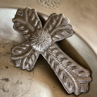 Small Cross with Embossed Flower, Handmade in Haiti, Wall Hanging Collection, Decorative Milagro Charms 4 x 6 Inches