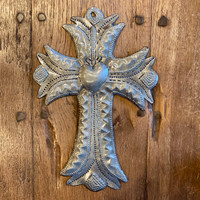 Small Cross with Embossed Heart, Handmade in Haiti, Wall Hanging Collection, Decorative Milagro Charms 4 x 6 Inches