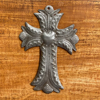 Small Cross with Heart, Silver Bronzed Metal, Handmade in Haiti, Wall Hanging Collection, Decorative Milagro Charms 4 x 6 Inches