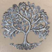 Nature Inspired Metal Tree with Butterflies and Flowers, Garden Wall Hanging Tree, Handmade in Haiti, Recycled Steel, 13 Inches Round