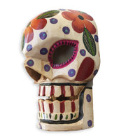 Mask Skull Wooden Hand Carved Skeleton, Day of The Dead, Decorative Painted Flowers, Vintage, Dia de los Muertos