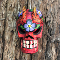 Mask Skull Wooden Hand Carved Skeleton, Day of The Dead, Decorative Painted Flowers, Vintage, Dia de los Muertos