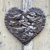 Heart Wall Collection, Friendship Birds and Flowers, Unique Artwork from Haiti, Handmade from Steel Barrels, 23 x 13.5 Inches