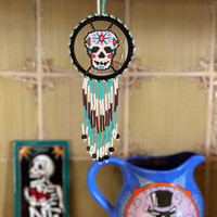 Skull Dream Catcher Wall or Day of Dead Ornament, Beaded Handmade Decorations Friendship Gift Turquoise, Red, White, 7.5" x 3.75"