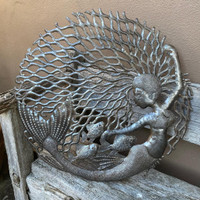 Mermaid with Fish Circular Wall Frame, Beach House Decorations, Handmade in Haiti 23" x 23"
