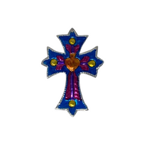 Tin Cross, Religious Tin Cross, Tin Cross with Milagro Heart, Blue Tin Heart, Tin Sculpture, Tin Xmas Heart 