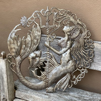 Mermaid with Trident, Haitian Artwork, 23" Round, Home Decor