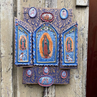 Handcrafted Mexican Folk Art, Virgin Mary Triptych Altar by Moises Rodriguez, Religious Clay Art