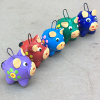 Handmade Vintage Guatemalan Folk Art, Colorful Flower Clay Piggy Charms, Set of 5, Mixed Colors