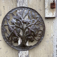 Small Garden Tree with Birds, Indoor Outdoor Decoration, Haitian Metal Wall Hanging Artwork 15 Inches Round
