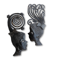 Metal Masks, Silhouette Girls, Decorative Wall Hanging, Collectible Mask Sculptures, Eclectic, Original, Unique Steel Metal Masks from Haiti (2, Group) 7" x 17"