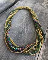 Necklace Gold Green Multi Color, Sparkly Beads, Handmade Women Necklaces, Jewelry, Magnetic Clasps, 19.5 Inches Long