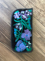 Soft Padded Eyeglasses Pouch Holder Case with Zipper Pocket and Strap,Hand Embroidered Flowers, Blue