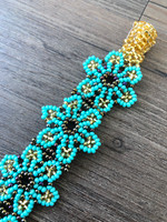 Mayan Beaded Artwork, Daisy Flower Bracelet, Turquoise and Gold, Handmade in Guatemala, Jewelry, Gift Giving, Beads