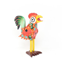 Rooster Small Yellow Floral, Carved Wood, Wooden Art Handcrafted in Guatemala, One-of-a-Kind Art, 9" x 13" x 4.25"