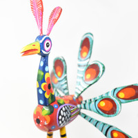 Peacock Multicolored, Carved Wood, Wooden Art Handcrafted in Guatemala, One-of-a-Kind Art, 13" x 21" x 11"