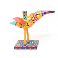 Bird Candle Holder, Colorful Yellow, Carved Wood, Wooden Art Handcrafted in Guatemala, One-of-a-Kind Art, 8" x 5.5" x 6"