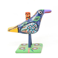 Bird Candle Holder, Colorful, Carved Wood, Wooden Art Handcrafted in Guatemala, One-of-a-Kind Art, 7.5" x 6.5" x 4"