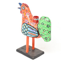 Rooster Candle Holder, Colorful, Carved Wood, Wooden Art Handcrafted in Guatemala, One-of-a-Kind Art, 8" x 10" x 4"