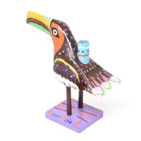 Toucan Candle Holder, Colorful, Carved Wood, Wooden Art Handcrafted in Guatemala, One-of-a-Kind Art, 12" x 9.5" x 4"