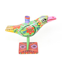 Bird Candle Holder, Green Colorful, Carved Wood, Wooden Art Handcrafted in Guatemala, One-of-a-Kind Art, 12" x 9.5" x 4"