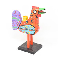 Rooster Candle Holder, Green Tail,  Colorful, Carved Wood, Wooden Art Handcrafted in Guatemala, One-of-a-Kind Art, 8" x 10" x 4"