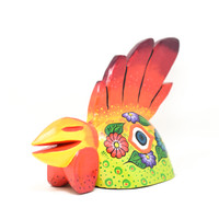 Green Floral Gallo or Rooster Mask 3, Hand Carved in Guatemala, By Artist Rodrigo Canil  16" x 9.5" x 7"