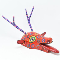 Deer, Red Colorful Whimsical Dance Mask, Hand Carved Wood Guatemala 19" x 11" x 12"