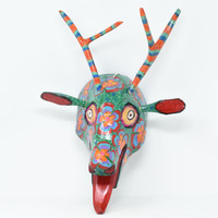 Deer, Green Colorful Whimsical Dance Mask, Hand Carved Wood Guatemala 19" x 10" x 13"