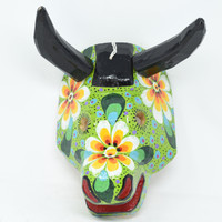 Green Colorful Bull Mask, Whimsical Dance Mask, Hand Carved Wood Guatemala 10" x 9" x 7.5"
