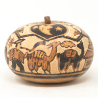 Peruvian Gourd Box, Hand Carved with sun moon lid and Andean Daily life images, LLamas, 4" x 3.5"
