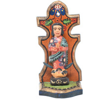 Our Lady of Guadalupe with Folded Hands and Crescent Moon, Virgin Mary, Artisan Crafted Wooden Saints 3.5" x 3" x 7.5"