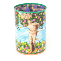 Hand Painted Upcycled Tin Can Pencil Holder with Our Lady of Guadalupe & Garden of Eden one of a kind art 3" x 4"
