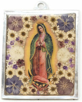 The Virgin, Our Lady of Guadalupe, Plaque with real dried Flowers encased in Resin with a Pewter Frame 4" x 4.75" x .5" Folk Art