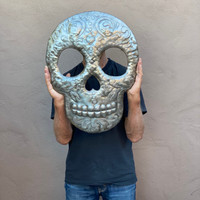 Large Sugar Skull Metal Wall Hanging Plaque, Day of the Dead Skeleton Handmade in Haiti from Recycled Steel Barrels 17.5 X 23 Inches