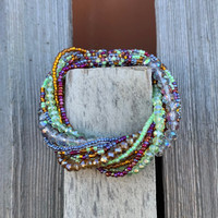 Bracelet Made with Seed Beads, Multi Strand, Purple and Green Multi color Beads, Magnetic Clasp 1 x 7.25 IncheS