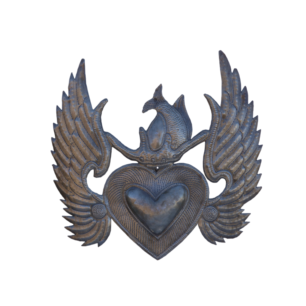 Handcrafted Haitian Metal Art, Flaming Heart with Wings Wall Art