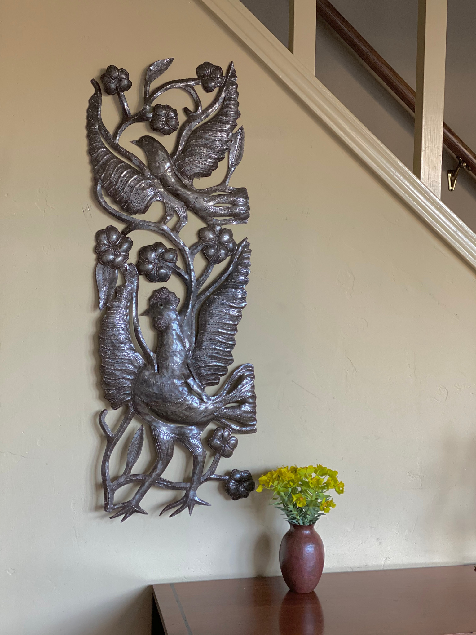 outdoor metal wall art on Rise And Shine Haitian Garden Sculpture Rooster And Bird Haiti Metal Wall Art