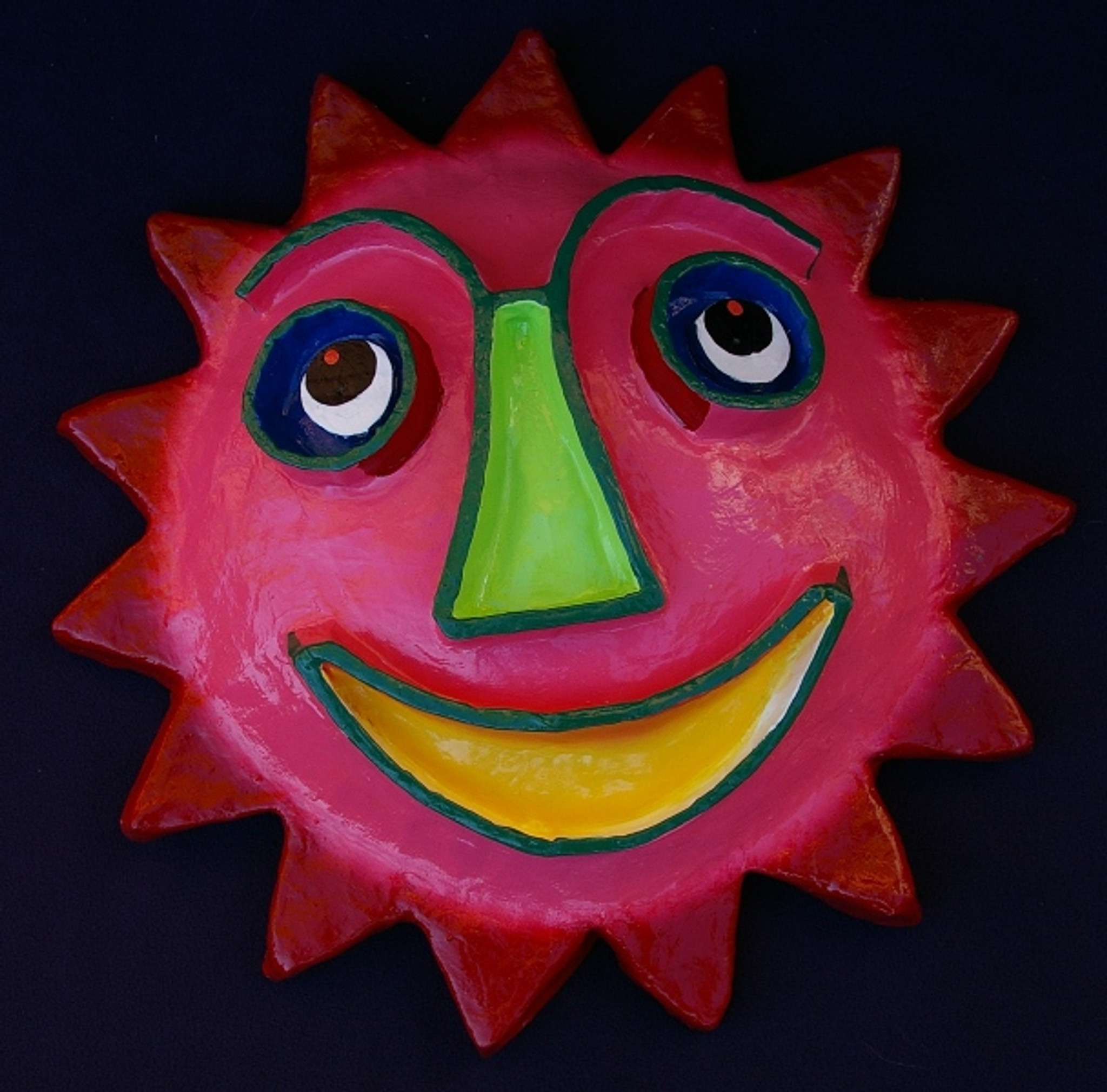 paper mache sun face, hand made in haiti, fairtrade folkart, recycled  cement bags, bright whimsicle happy