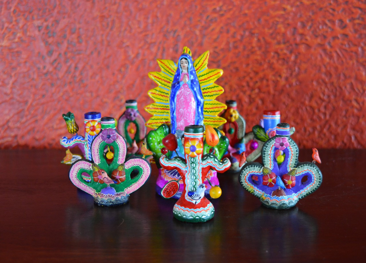 Virgin Mary, Lady of guadalupe, candle holder, colorful mexican folk art