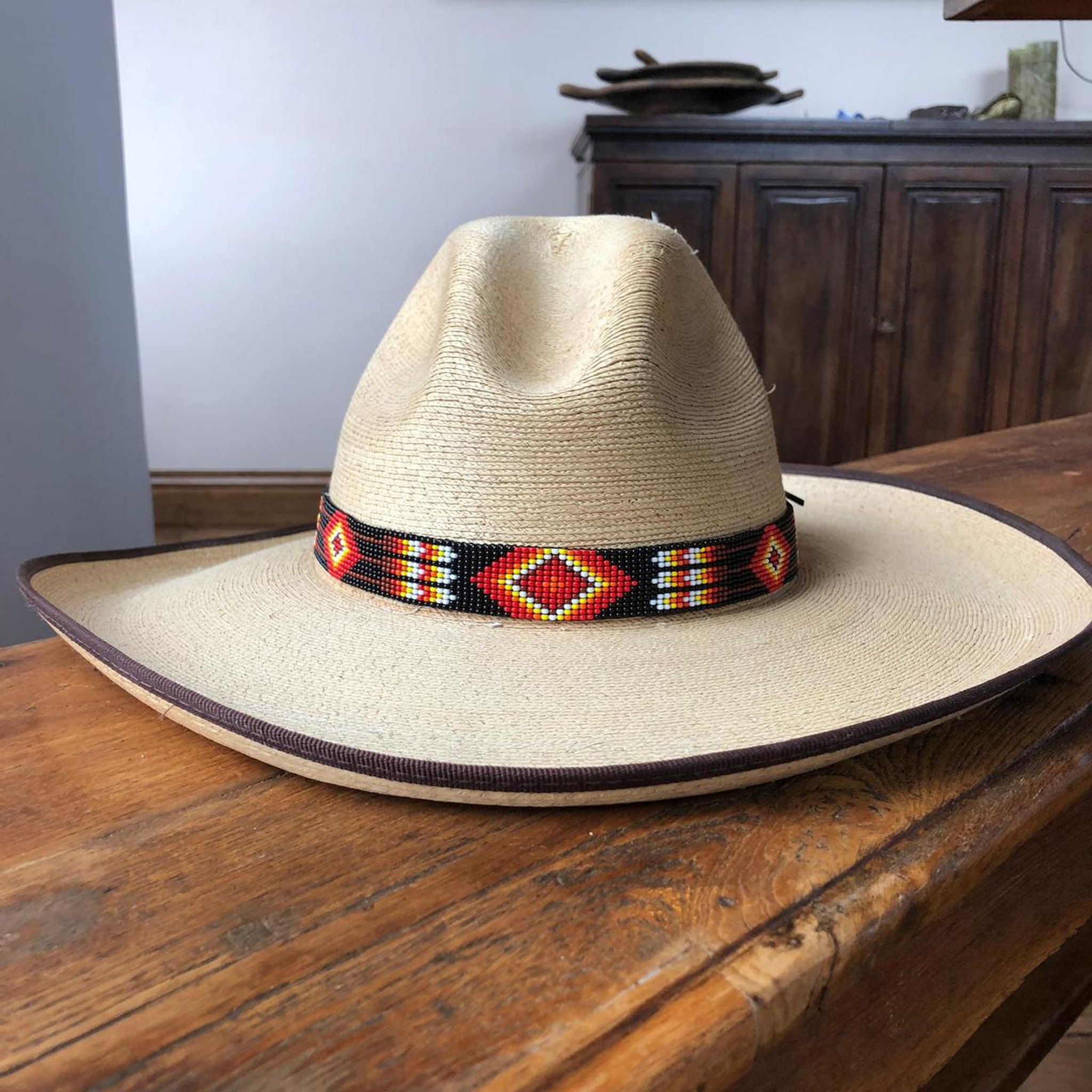 Hat Band, Hatband, Cowboy, Western, Leather, Beaded, Aztec Style, Multi  Colors, Handmade in Guatemala 7/8 X 21 (Hatband 25)
