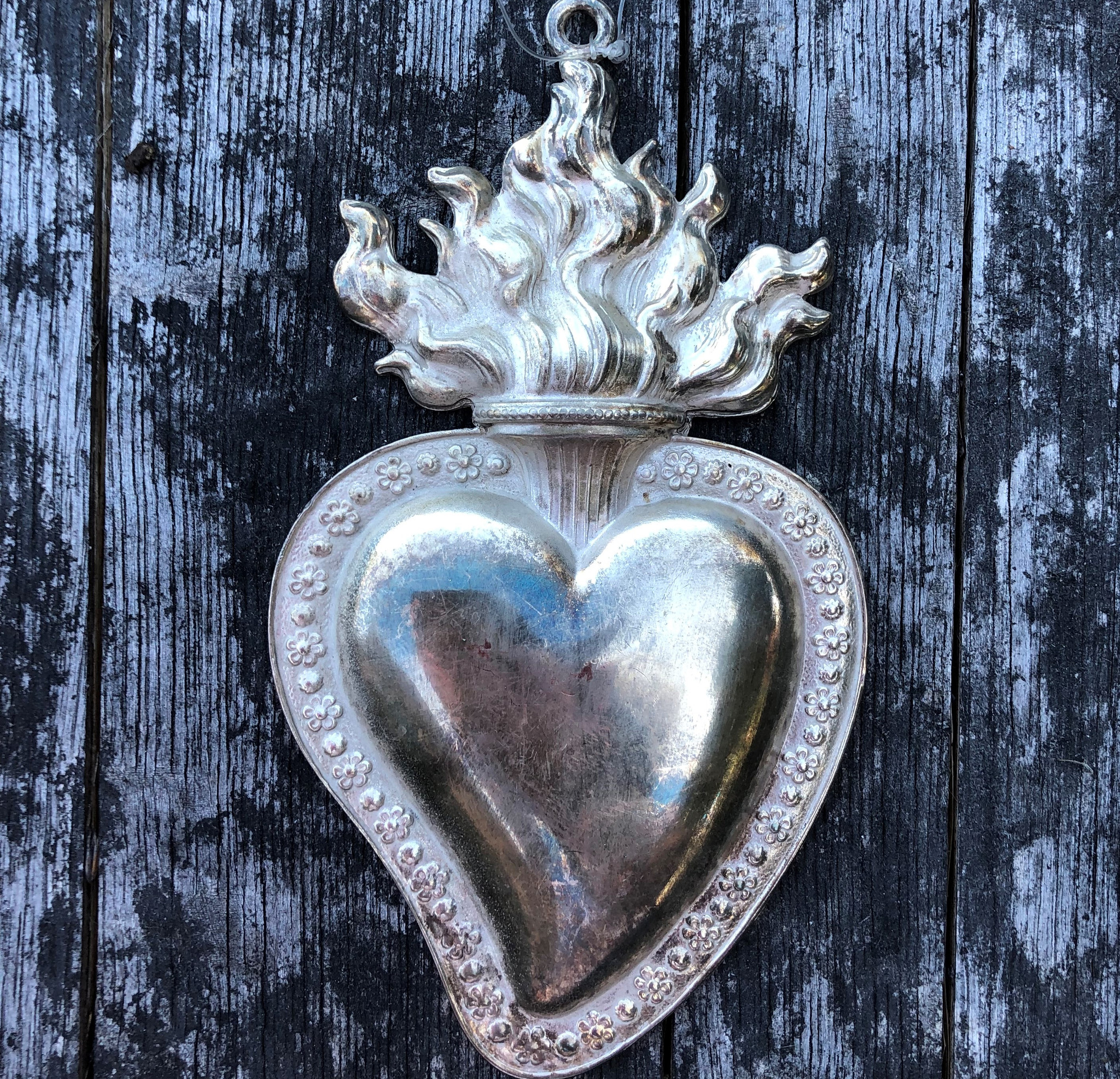 Small Sacred Heart Charm Mexican Milagro Flaming Heart Pendant