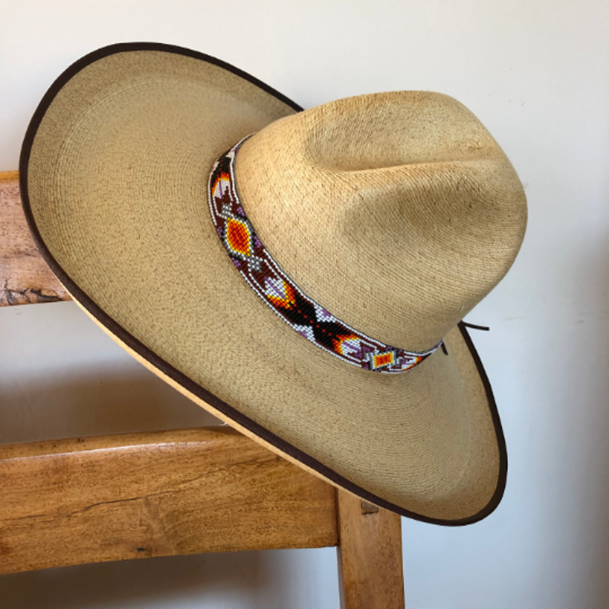 Mauve, Purple and White Diamonds Bead and Bone Hat Band with Horse Hair  Tassels