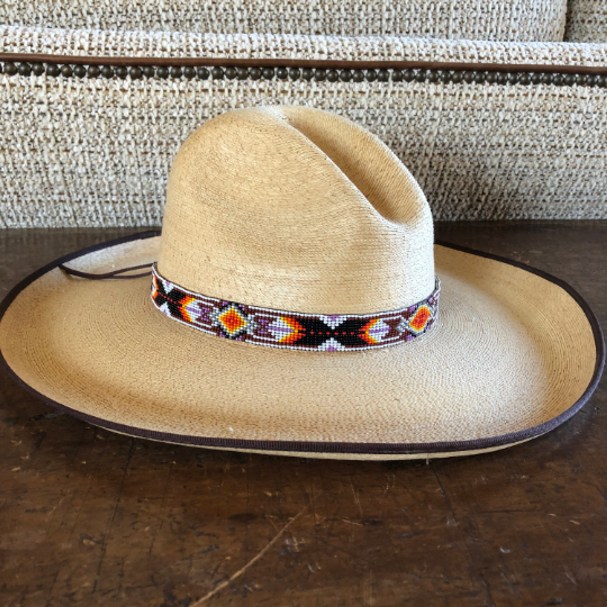 Hat Band, Hatband, Cowboy, Western, Leather, Beaded, Aztec Style, Multi Colors, Handmade in Guatemala 7/8 x 21 (Hatband 25)