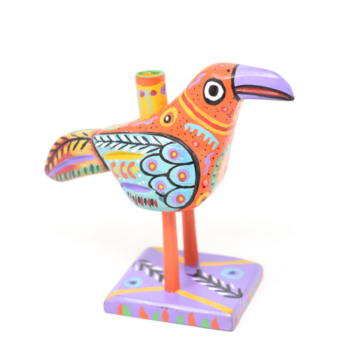 Bird Candle Holder, Colorful, Carved Wood, Wooden Art Handcrafted in Guatemala, One-of-a-Kind Art, 8" x 6.5" x 3.5"