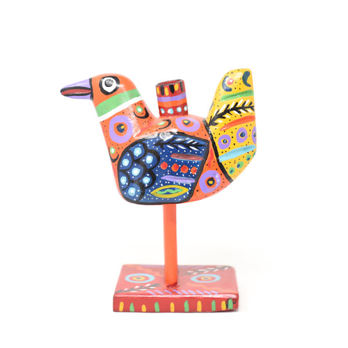 Bird Candle Holder, Colorful, Carved Wood, Wooden Art Handcrafted in Guatemala, One-of-a-Kind Art, 5.5" x 6.5" x 3.5"