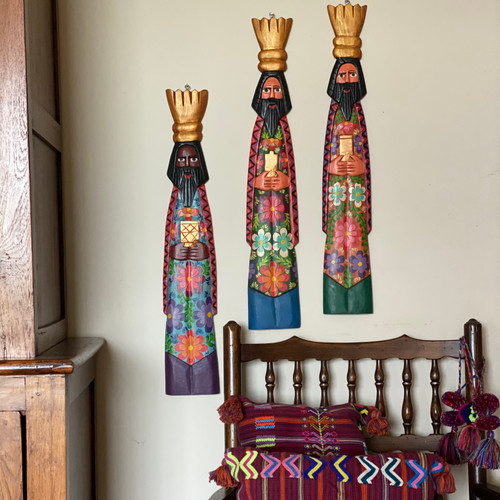 Three Kings, Gaspar, Melchior and Balthazar, Magi, Hand Carved Guatemalan Colors, Set by Artist Rodrigo Canil 40 x 7 x 1