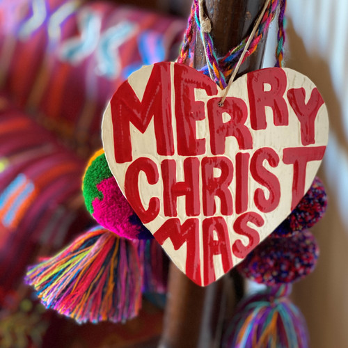 Christmas Ornaments, Merry Christmas, Hand Painted Heart Shaped Ornament, Decorative Haitian Artwork 4.25 x 4.5 Inches