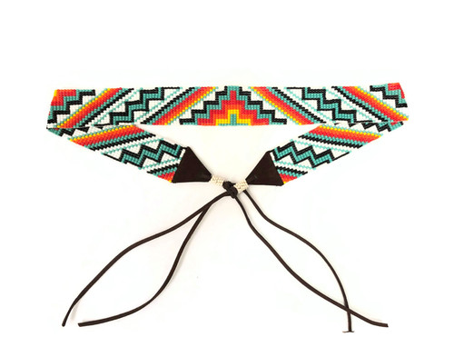 Wide Beaded Hat Band, Turquoise Multi Color, Cowboy and Cowgirl Western Jewelry, Leather Ties, Handmade in Guatemala 1 x 34 Inches